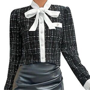 New LUXE TWEED Black + White BOUTIQUE Bow Tie-Neck Pearl Button Down Shirt XL